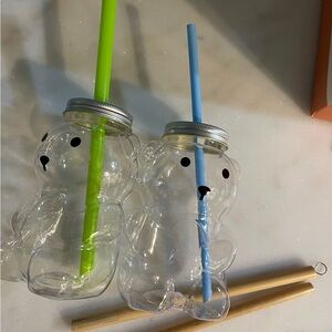 Bear Shaped Party Drink Jars with bamboo Straws